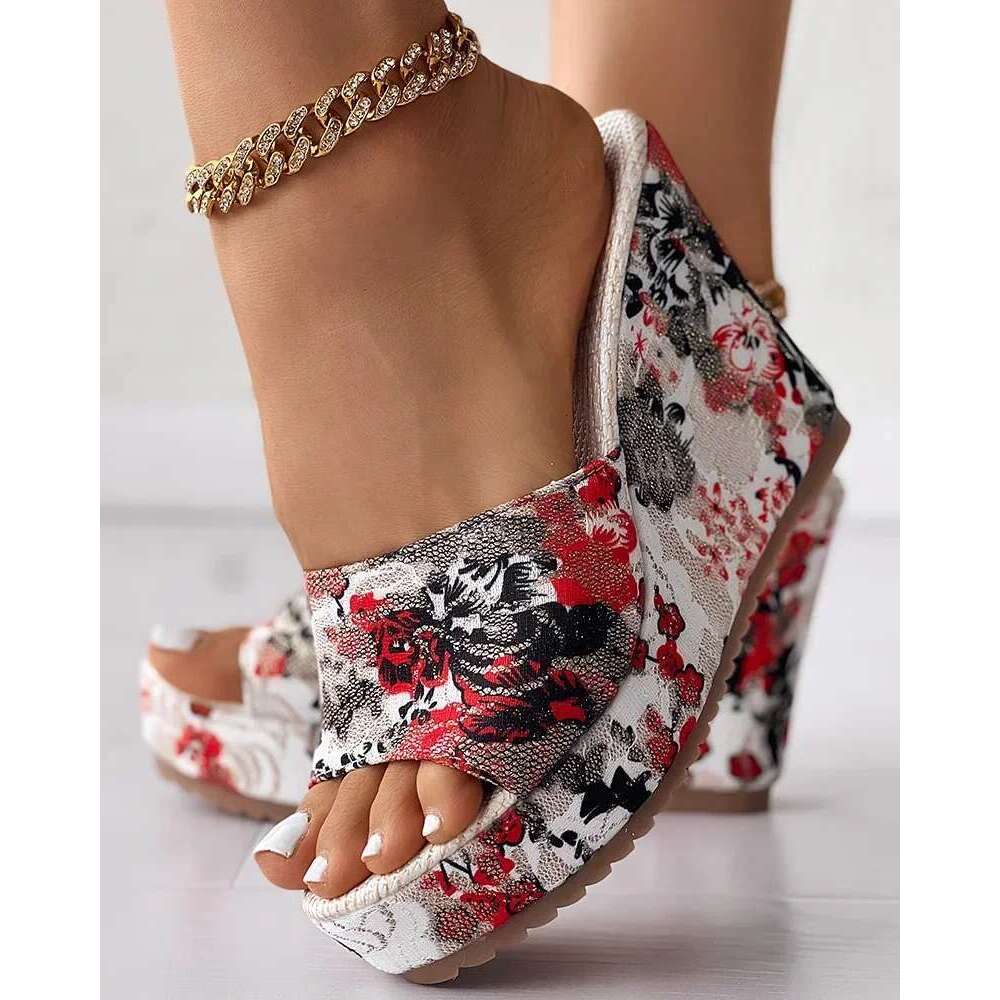 Fashion Shoes Women Casual Flip ps Summer Vintage ral Print Peep Toe Wedge Slippers