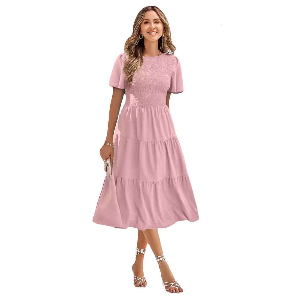US station waist cinching slimming big swing dress for spring and summer round neck, sweeping holiday dress, 2025 temperament versatile new trendy clo