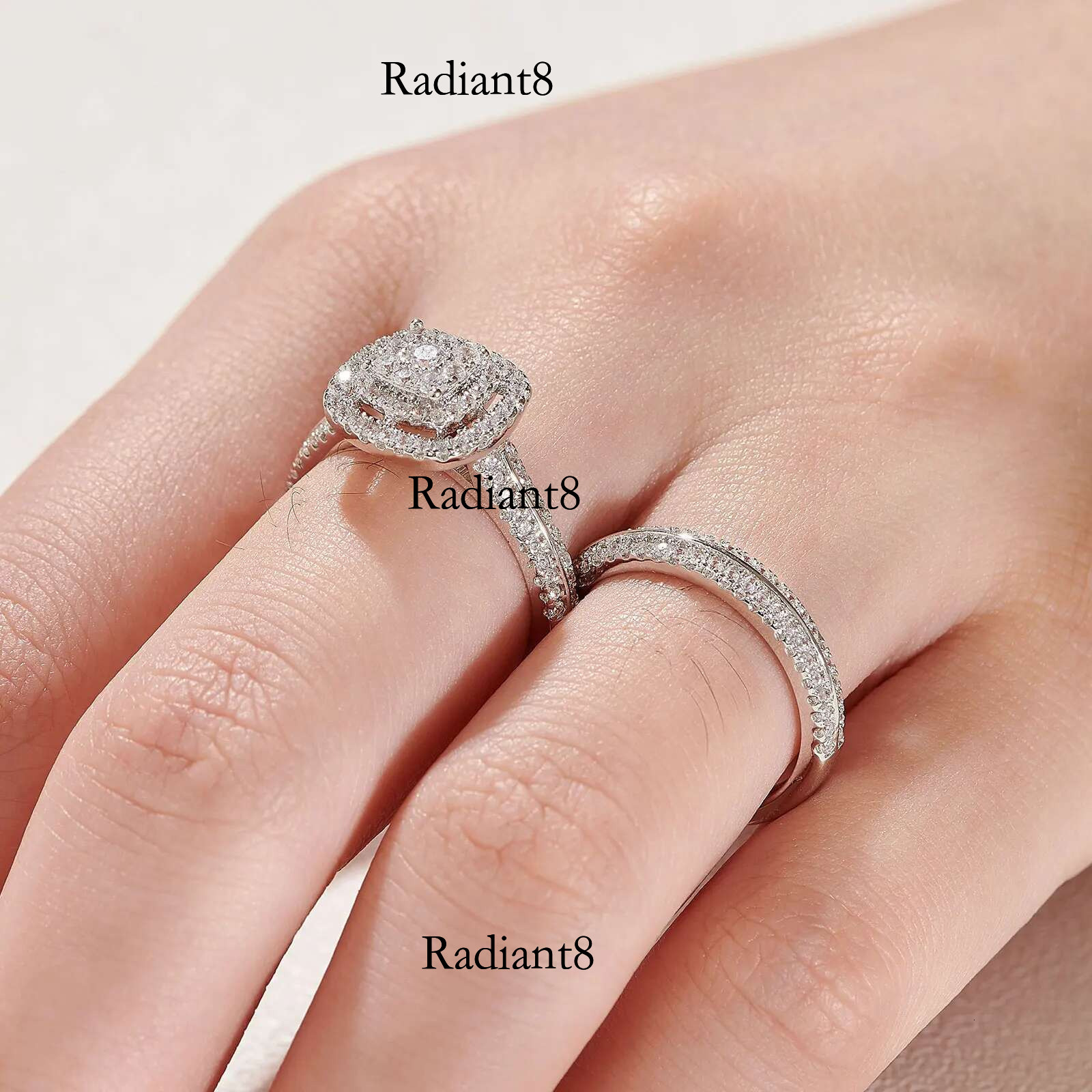 Newshe 2Pcs Wedding Rings for Women Solid Sterg Sier Engagement Ring Bridal Set 1.6Ct Halo Round Cut AAAAA Zircon