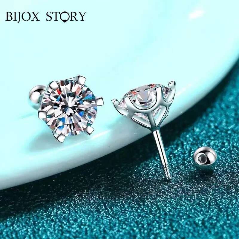 0.5-2ct Moissanite Screw Stud D Color Sterg Sier 6 Prong Dia Earrings For Women Wedding Fine Jewelry