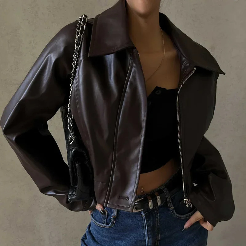 Faux Leather Jacket Women Fashion Brown PU Oversized TurnDown Collar Zipper Cropped Coat Autumn Winter 2024 250226