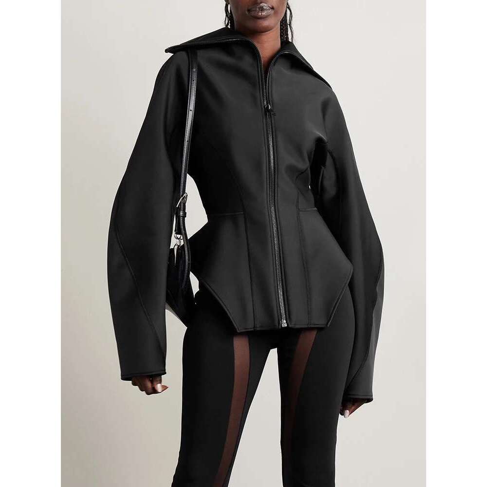 Fashion Women's Coat Lapel Zipper Waist Retraction Black Slim Personalized Cutting Jackets Autumn 2025 New Tide 7Ab4729