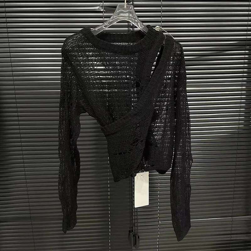 2025 Spring New Pin Fake Two Piece Knitted Shirt For Women Versatile Hollow Out Long Sleeved Top Female Trendy 11A0379