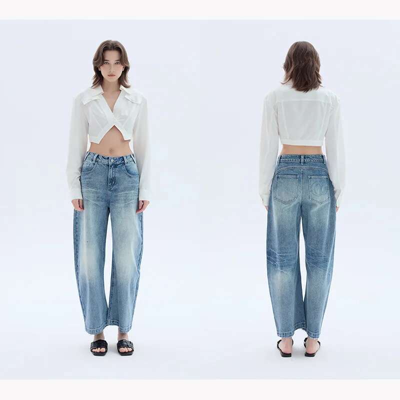 High Quality Women Loose Straight Leg Denim Pants Light Blue Curved Cropped Jeans