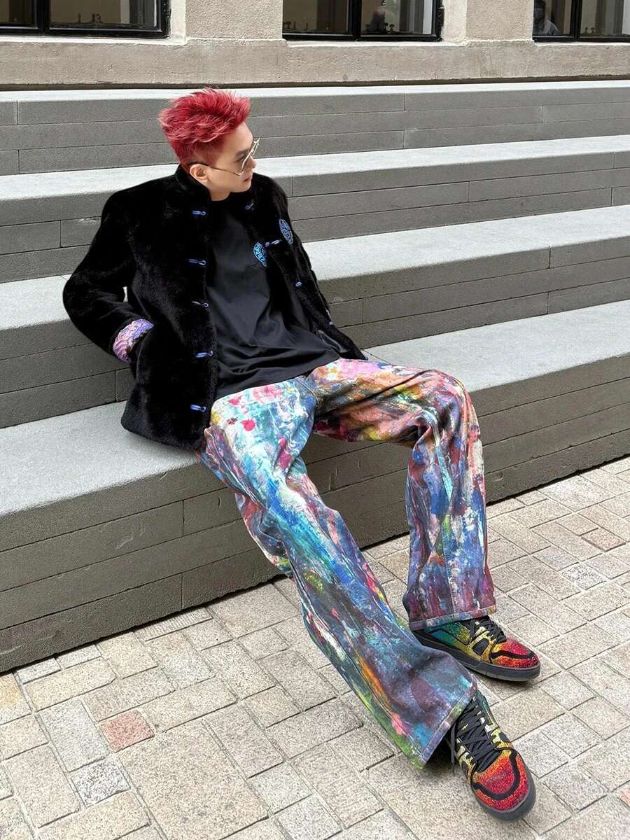 REDDACHIC Colorful Graffiti Baggy Jeans Men Wash Do Old High Waist Loose Straight Wide Leg Denim Pants Casual Vintage Streetwear