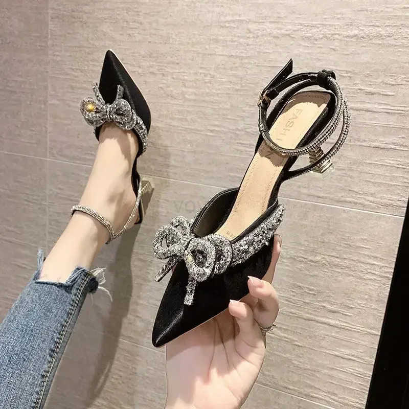 Wens Crystal Sandals Classic Fairy Bow High H Summer New Water Diamd Fine Heel Bridesmaid Wedding Shoes Z250304