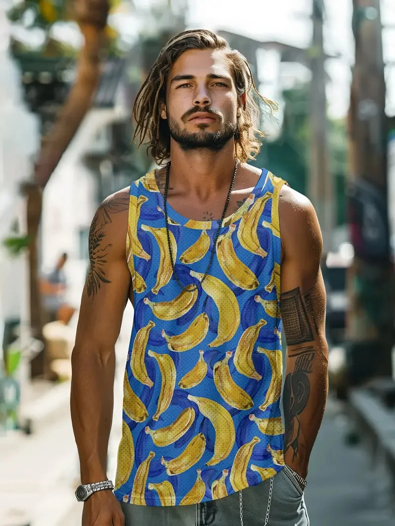 Fresh Printed Sleeveless Sports Mens Tank Top Holiday Street Fashion Round Neck Breathable Comfortable Short Sleeve Sports Tops 250304