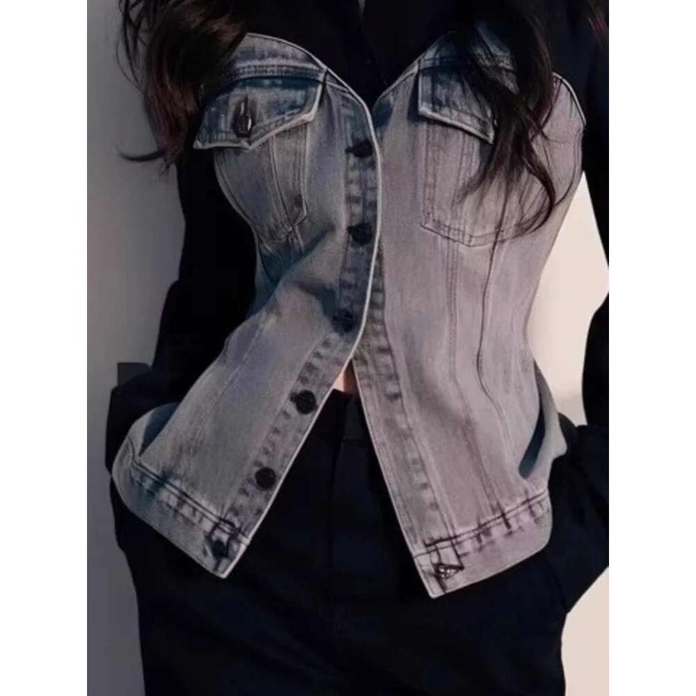 Fashion Denim Patchwork Shirt Women's Lapel Slim Single Breasted Long Sleeves Black Blouse New