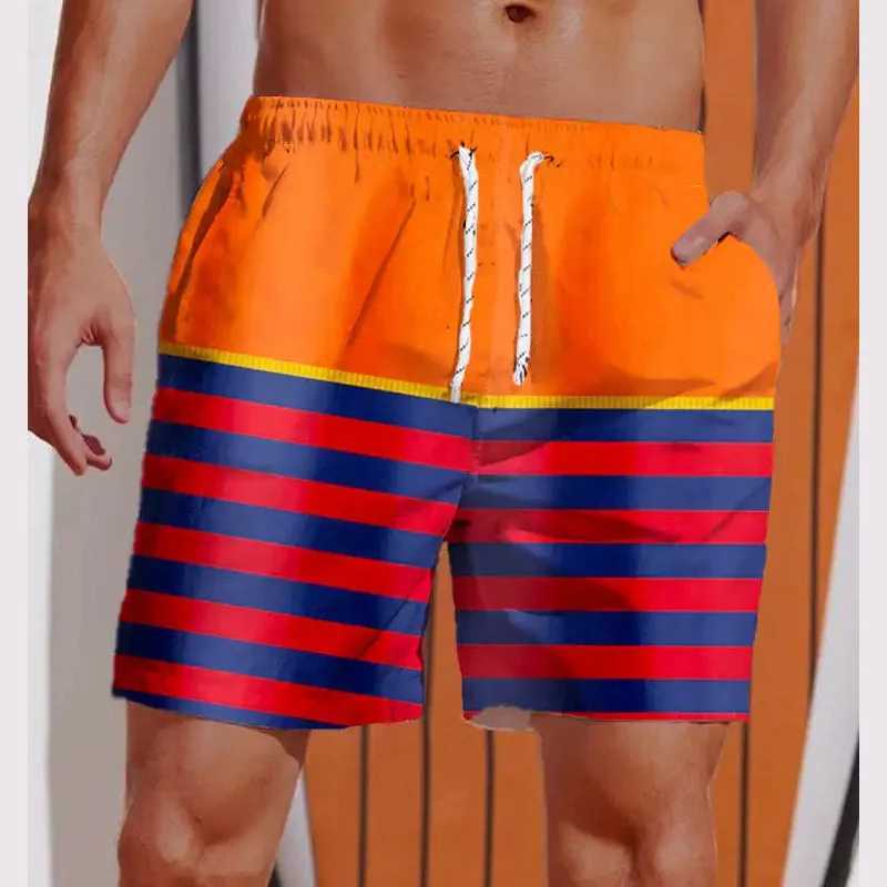 3D Printed Striped Flame Beach Shorts Mens Splicing Grid Pattern Board Shorts Summer Drawstring Breathable Hawaiian Swim TrunksT250304