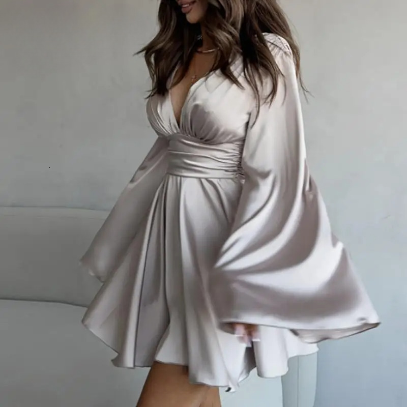 Winter Elegant Satin V-Neck Party Waist Solid Mini Club Dress Women High Street Flare Sleeve Princess Dresses