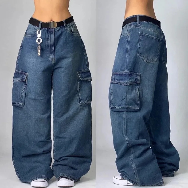 Street Vintage Jeans Y2K Harajuku Wash Blue Multiple pockets Baggy Jeans Denim Pants Mens Womens High Waist Wide Trousers 250228