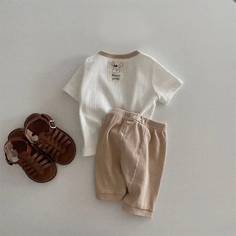 Summer Babys Sets With Label Thin Korea Childrens Clothing Stripe Short Sleeved Shorts Two-piece Set 250304