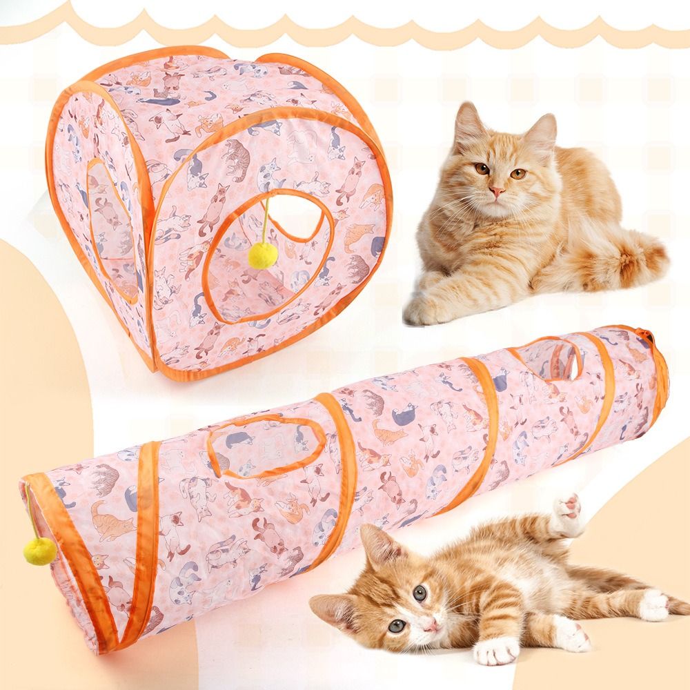Printed Cat Play Tunnel Long Straight Channel Foldable Cat Tent Nest Square Channel with Furry Ball Cat Channel Small Pet