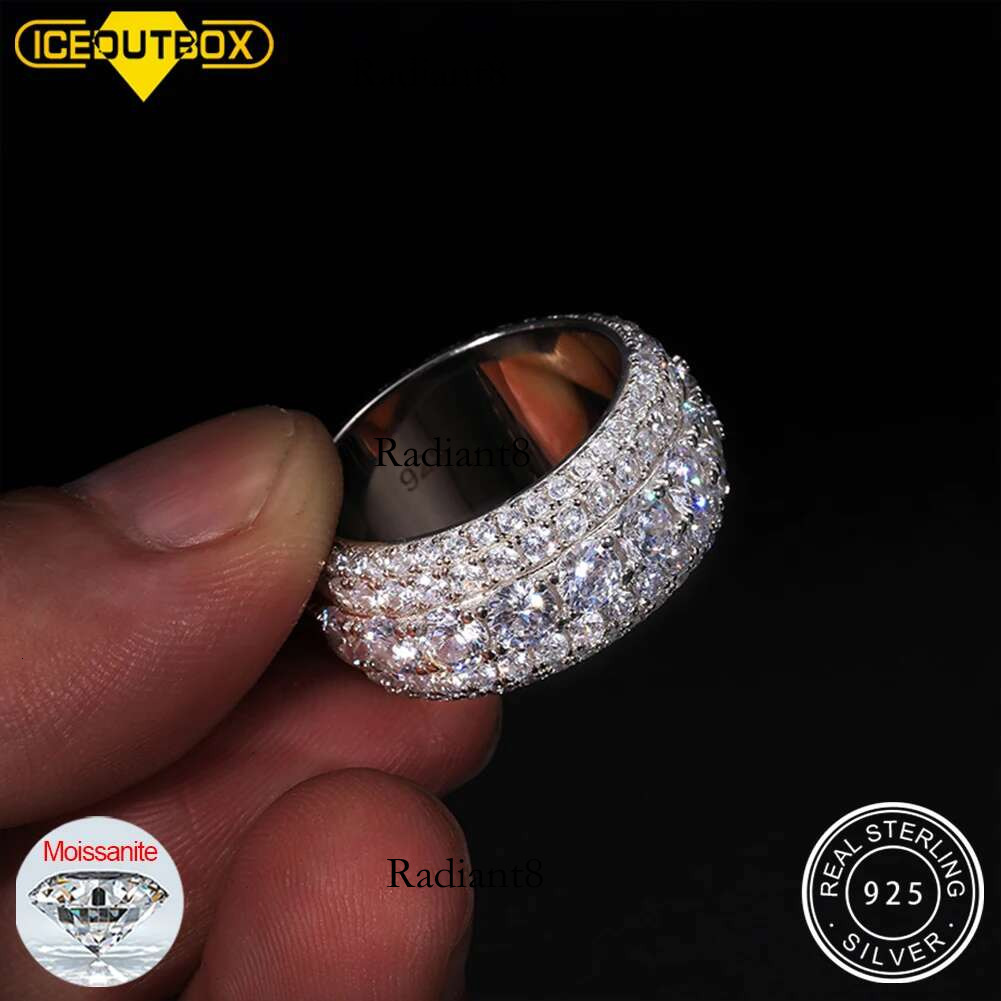 VVS1 3 Row 11mm Width Moissanite In S Sier Ring Hip Hop Jewelry Pave Setting With Certificate Fine Jewlery Gift