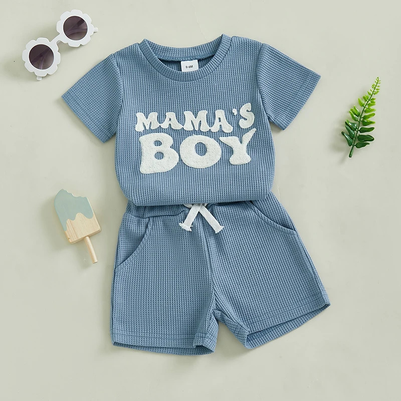 0-3Y Baby toddler and boy summer set with embroidered letters short sleeved solid T-shirt 2-piece waffle knit set 250304