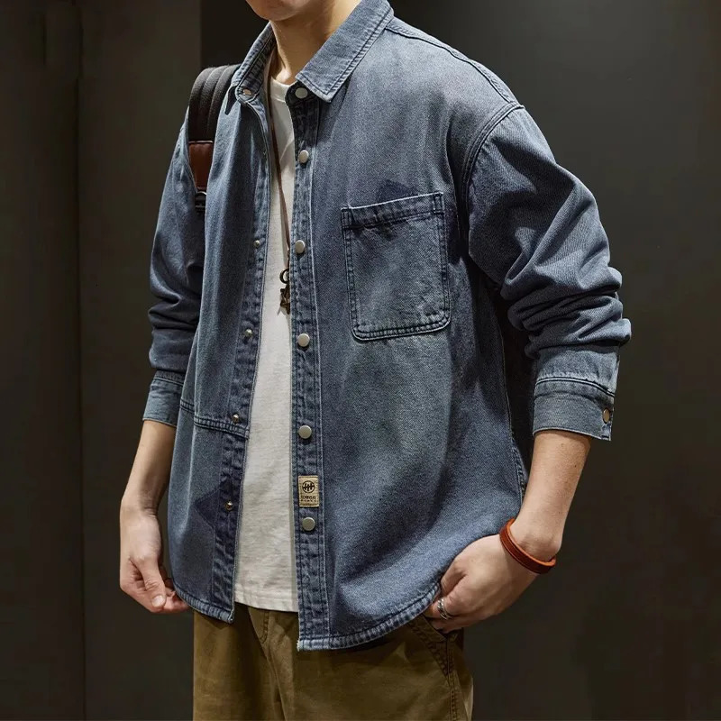 Spring jacket mens denim shirt long sleeved lapel mens casual shirt retro mens clothing denim multi pocket 250228