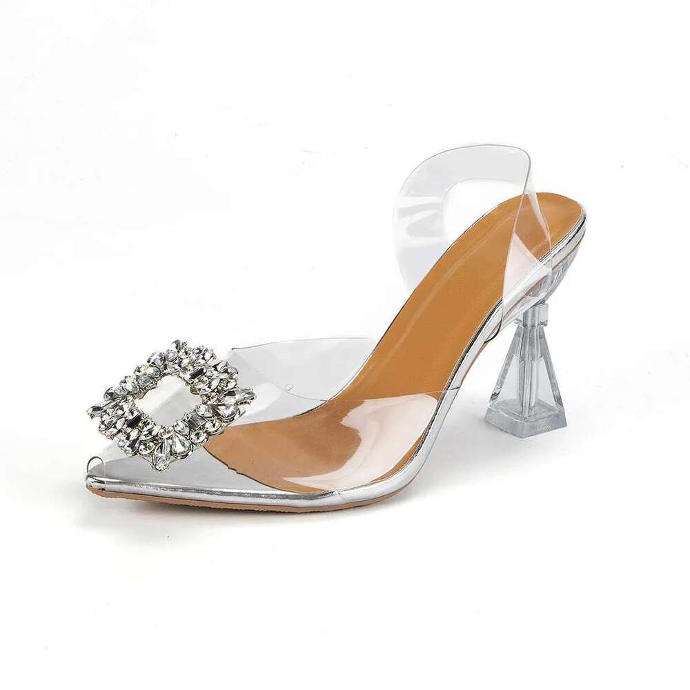 High Sandals Women Summer New PVC Square Crystal Pointed Toe Ladies Heels Transparent Shoes