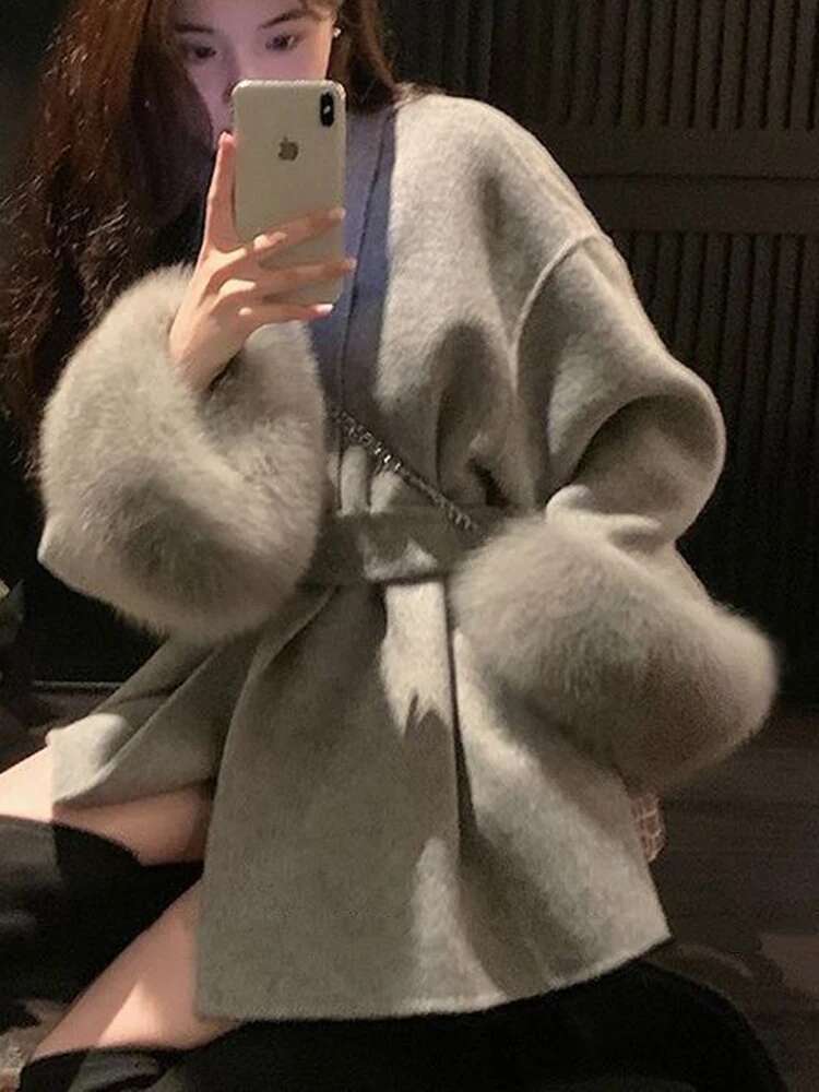 Elegant Office Lady Overcoats Fur Patchwork Long Sleeve Woolen Coat Beautiful Women's Clothing Jacket Autumn Spring