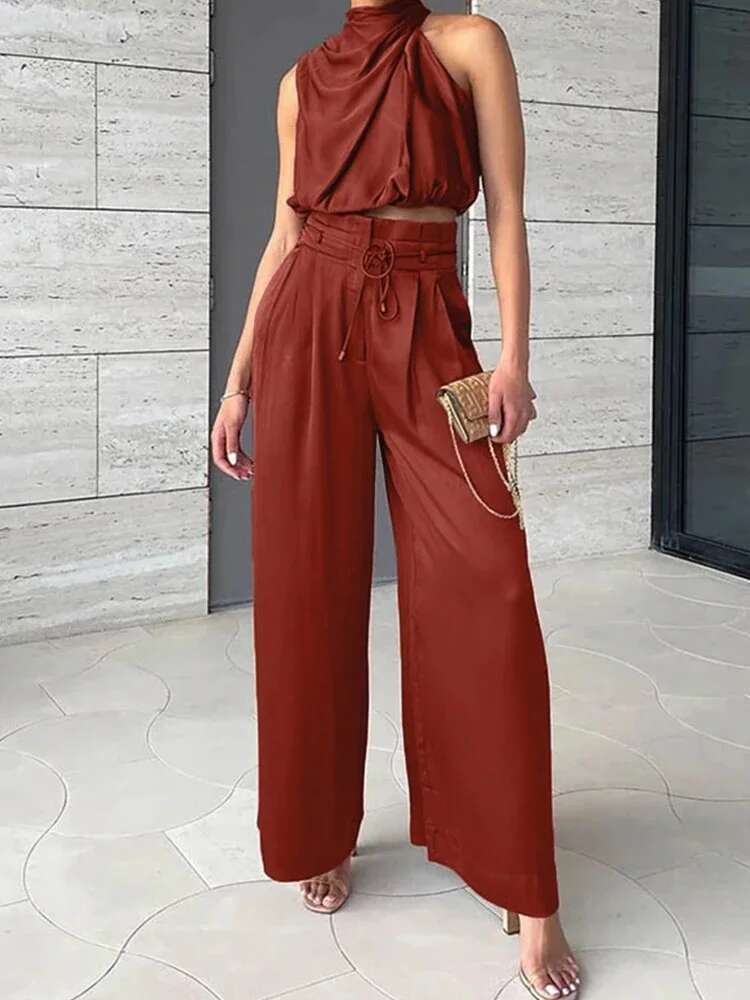 Deioao Urious Solid Women Summer Two Piece Set Female Sleeveless Tops Pocket Pants Chic Outfit 2025 Office Lady Suit In Stock