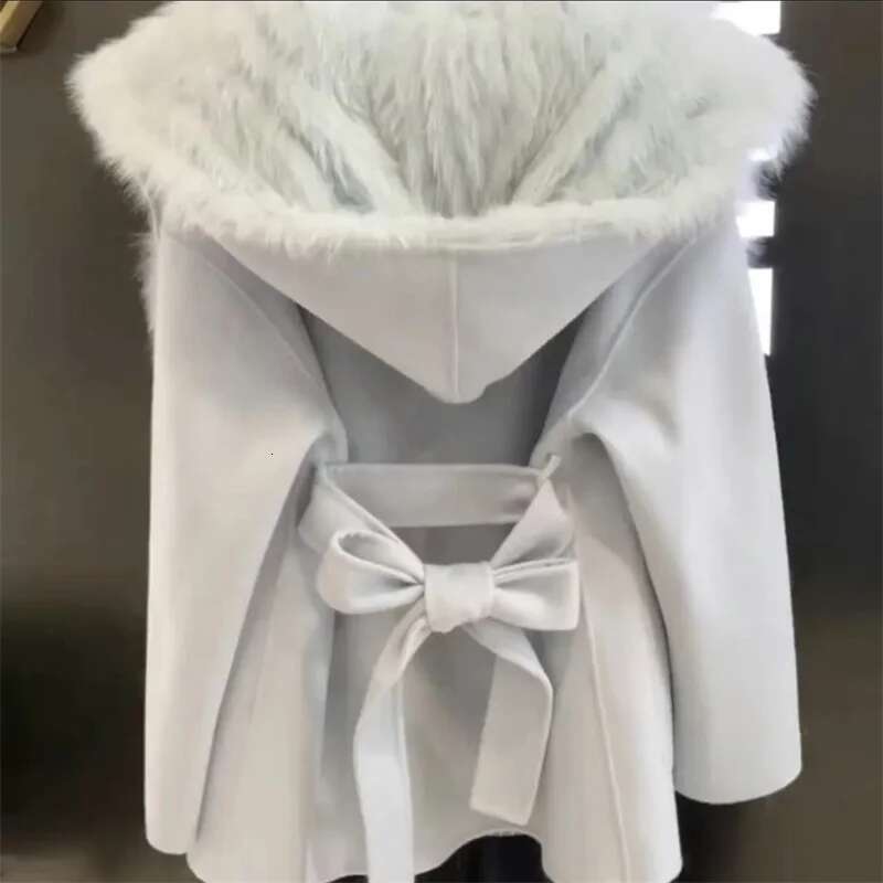 Pink Hooded Women's Autumn Winter Belt Popular Woolen Coat Fragrant Wind High End Lightweight Short Fur Neck