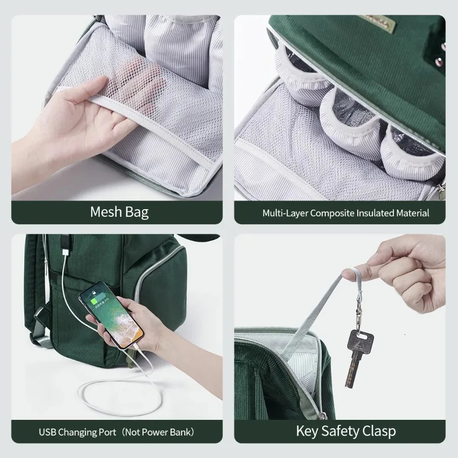 Ship from US Velvet Stitching Diaper Bag Backpack Large Capacity Tote Shoulder Nappy Organizer Waterproof Fabric Insulated Pockets for B 250304FBB