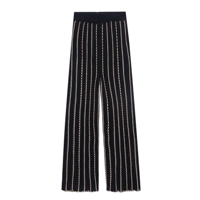 Fashion 12% Wool Embroidered Striped Texture Knitted Pants Women's Elastic Waist Full-Lenth Trousers New Tide 7Ab6323
