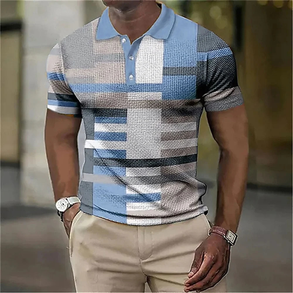 Fashion MenS Polo Striped Plaid Print Vintage MenS Clothing High-Quality Top Street Casual Short Sleeved Loose Oversized Shirt 250304