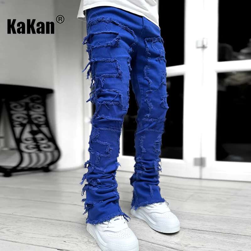 Kakan - New European And American Heavyweight Streetwise Stretch Patch Jeans For Men, High Street Straight Fit Long Jeans16-3001