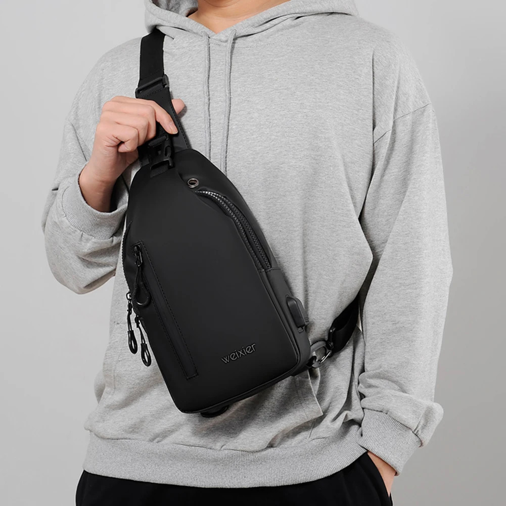 Men Chest Pack Waterproof Oxford Male Bag USB Charging Port Cell Phone Purse Zipper Pocket Headphone Hole for Sport Travel 250227