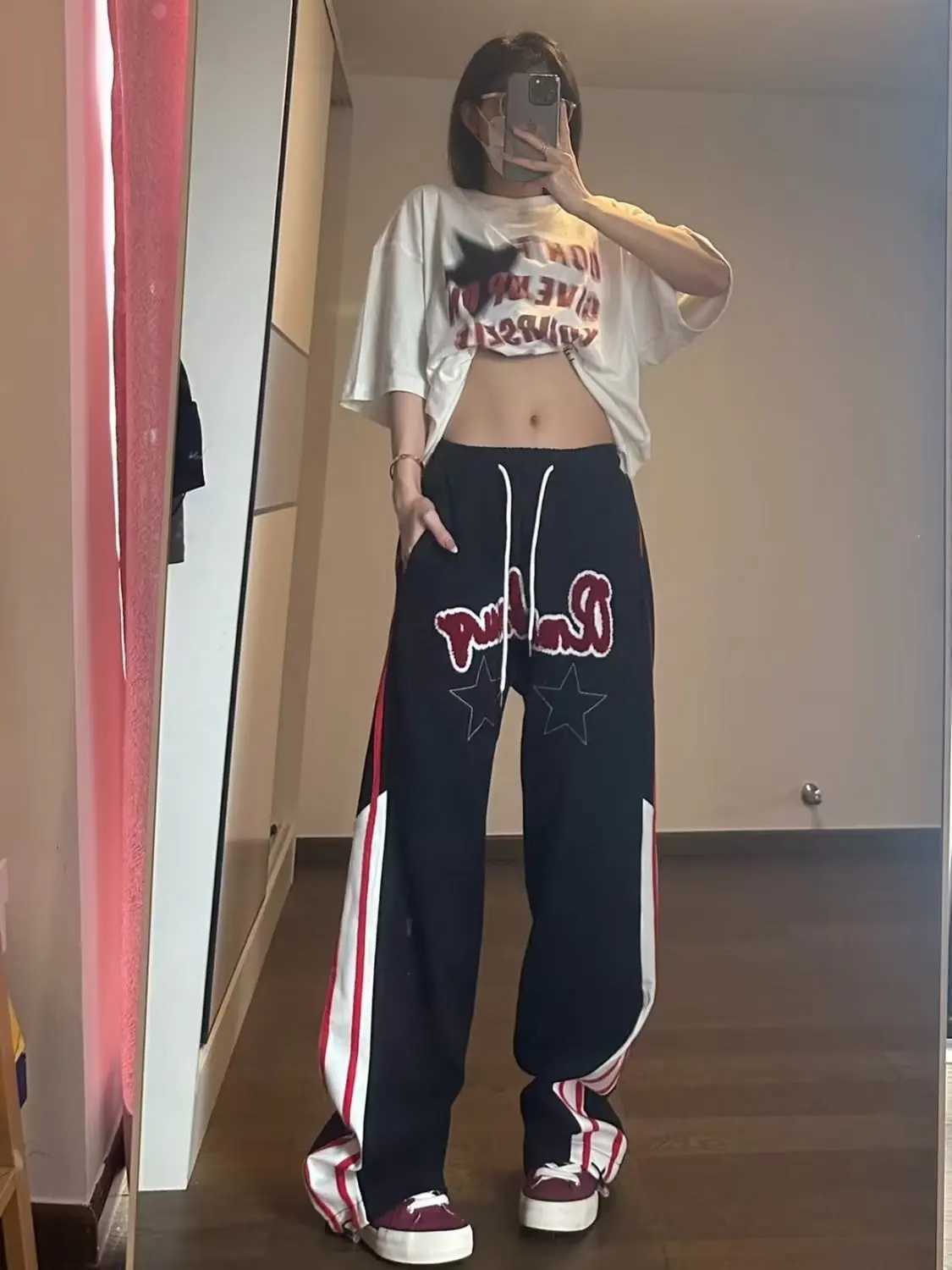 Summer American retro sports pants men and women star letters casual sweatpants High street fashion brand loose straight pantsXJ250303