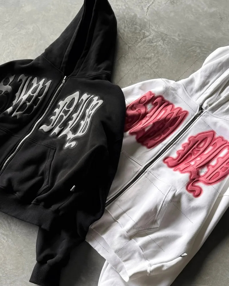 Gothic Punk Letter Printed Zipper Hoodie Men Hip-hop Street Trendy Jacket Y2K Harajuku Retro Casual Oversized Sweatshirt Women 250303
