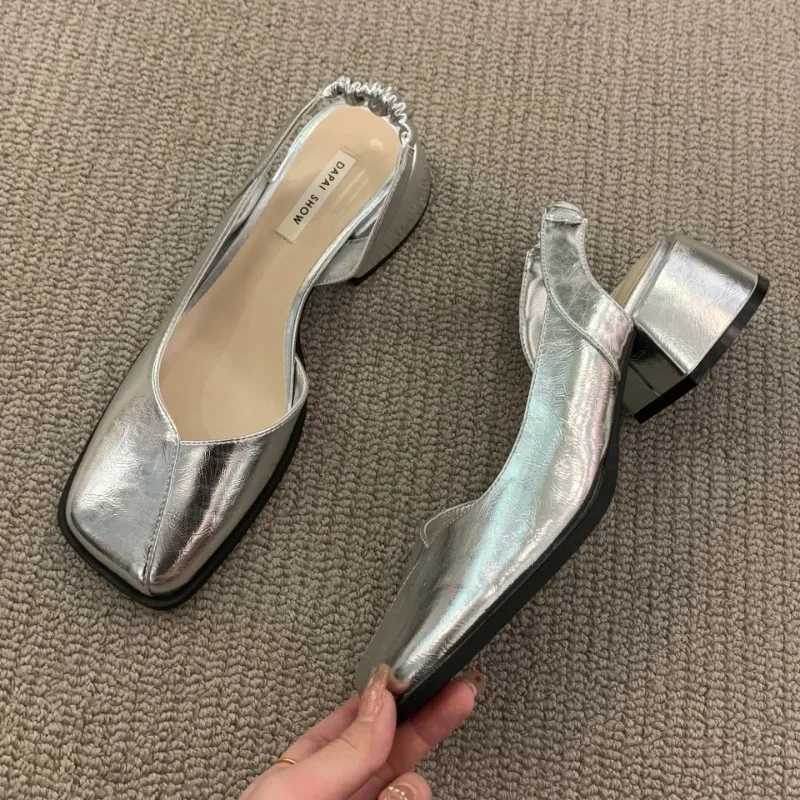 2024 Summer Elegant Sandals Fi Womens Elastic Band Flat Warm Light Party Shoes Square Heel 35-39 Y250303