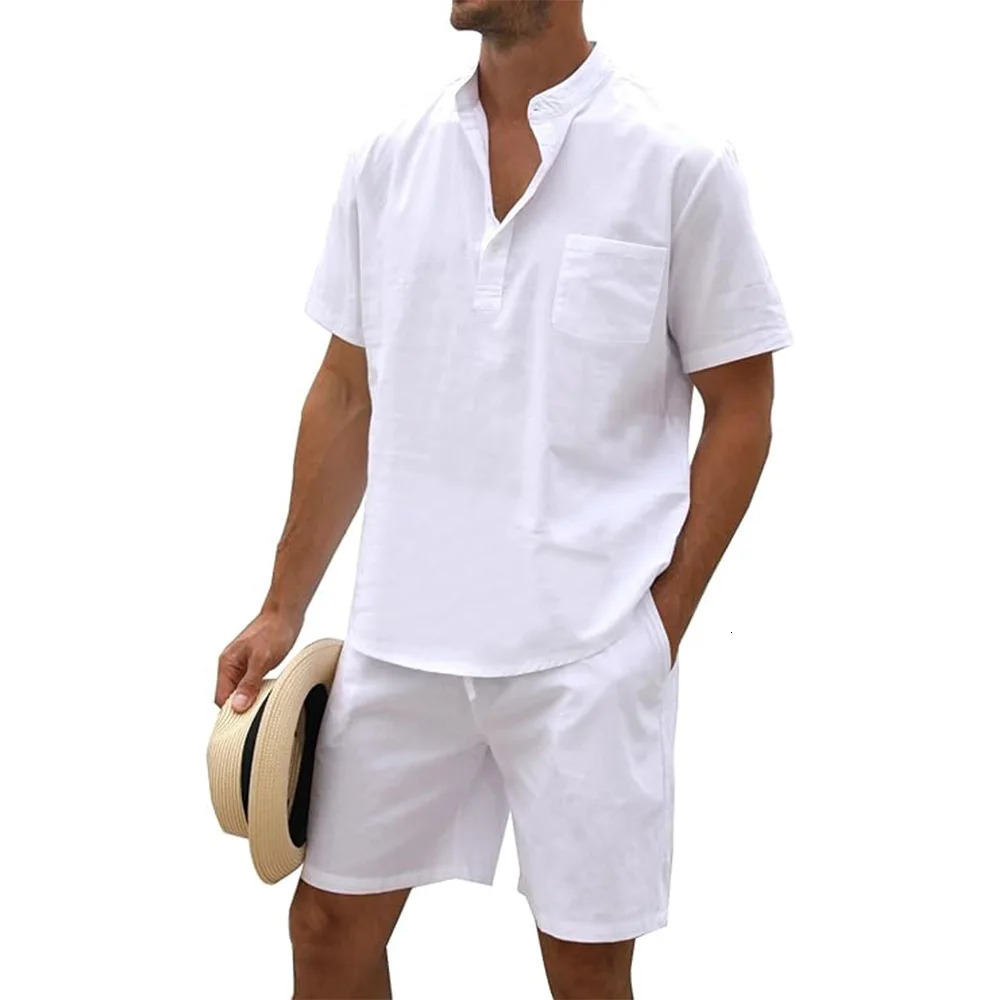 2Pcs Sets Mens Cotton Linen Set Henley Shirts Shorts Outfits Beach T-shirt Vacation Matching Suit Summer Wear Short Sleeve 250303