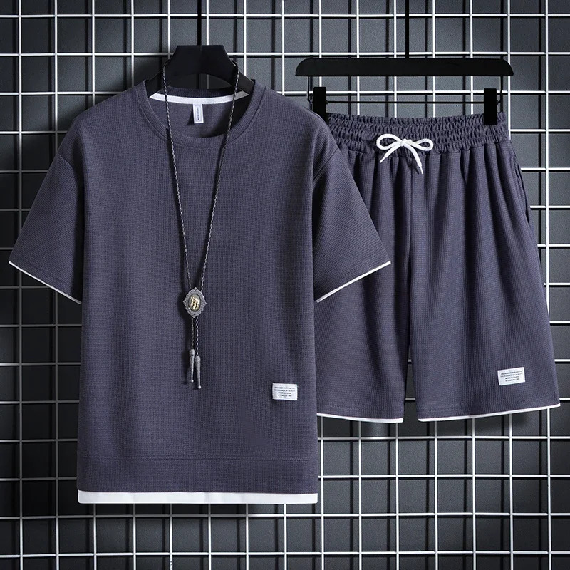 Mens Waffle Summer Suit Casual T-shirt Shorts Suit Mens Tracksuit Solid color tracksuit loose suit 250304
