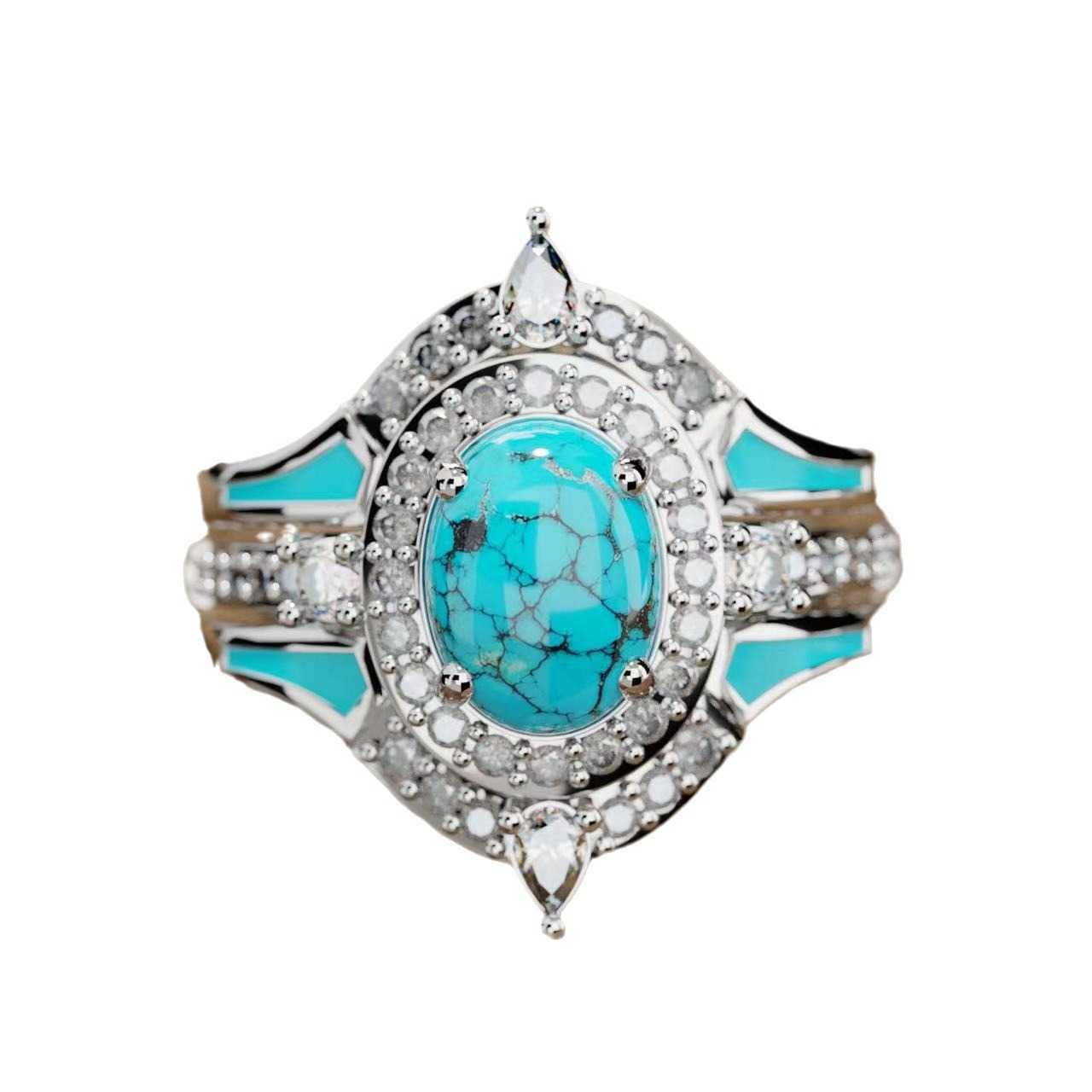 Couple Rings Sanjie New Product Fashion Diamond Set Blue Turquoise Three Piece Ring Set H25303