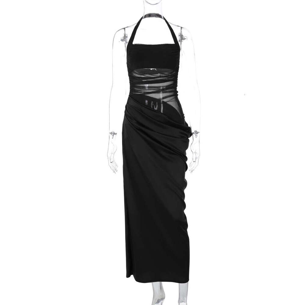 Sexy mesh patchwork dress with slim fit, backless, solid color, waist, hanging neck, slit style long skirt