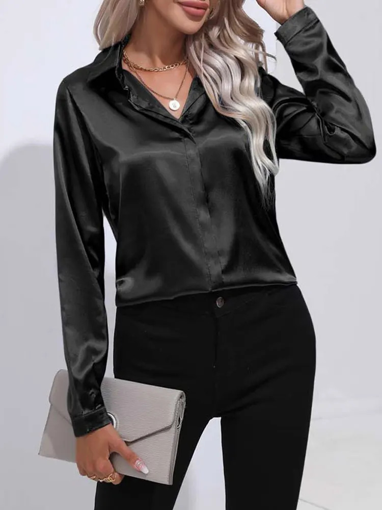 Spring Summer Satin Shirt Women V Neck Long Sleeve Office Shirt Blouses Ladies Black White Silk Loose Shirts For Women 250303