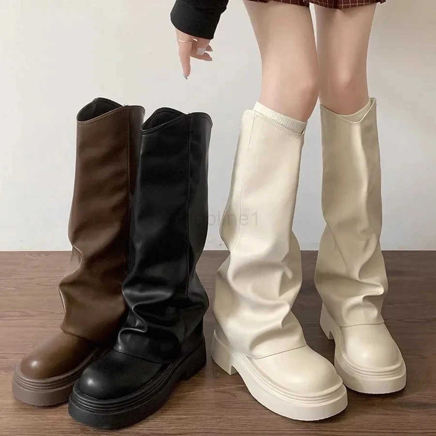 2025 Winter Knee High Wen Boots Fion PU Leather Vintage Platform Shoes Ladies Round Toe Fion Street Black White Boots Z250304