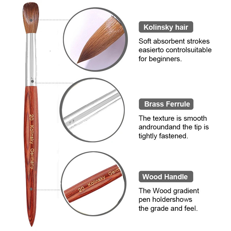 100% Prue Kolinsky Acrylic Nail Brush Oval Round Head Redwood Handle Professional Salon Quality Acrylic Powder Size 8-20# 250304