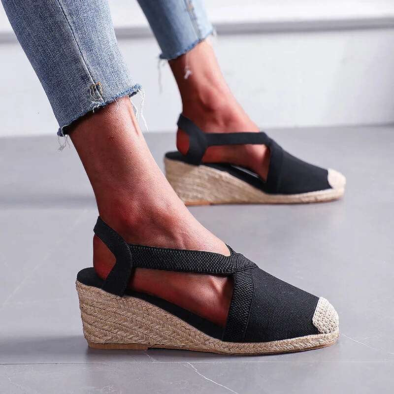 2025 Summer Women's Straw braided Wedge Heels Espadrille Sandals Big Size Female Gladiator Sgback Shoes