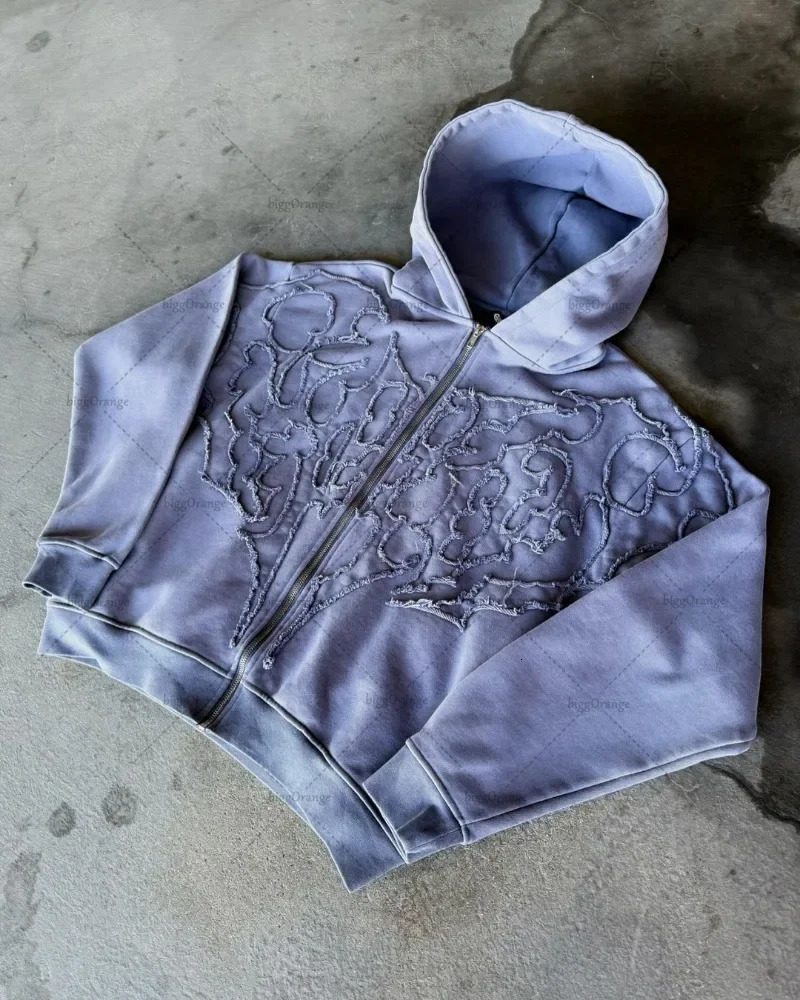 Punk Embroidered Zipper Hoodie American Trend Y2K Mens Harajuku Retro Street Jacket Gothic Casual Oversized Sweatshirt Womens 250228
