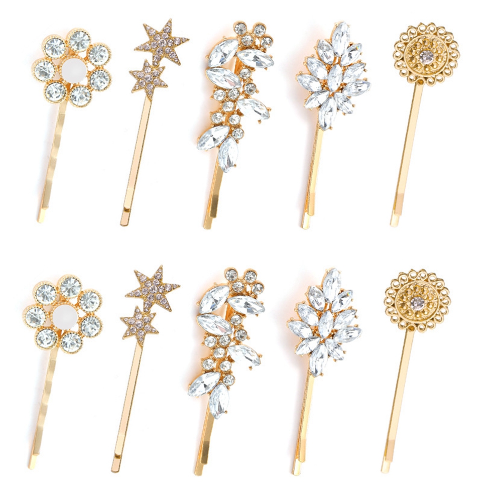 Barrettes Hairpins For Women Metal Gold Rhinestone Gems Side Clip Word Folder Hairpin Fine Jewelry Elegant Bridal Wedding Accessories