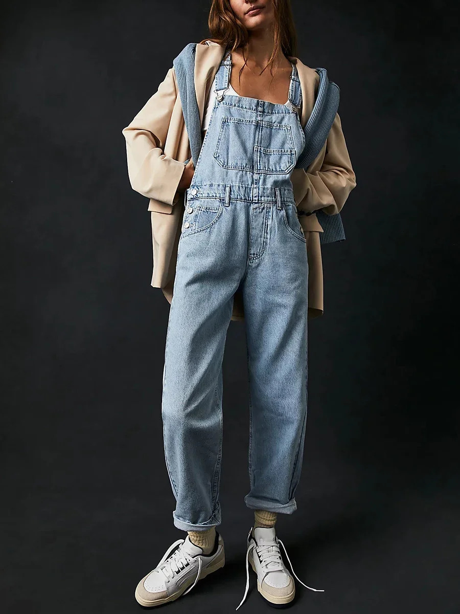 Denim Jumpsuit y2k Women Solid Color Sleeveless High Waist Romper Pants Jeans Bib Overalls with Pockets Streetwear 250303