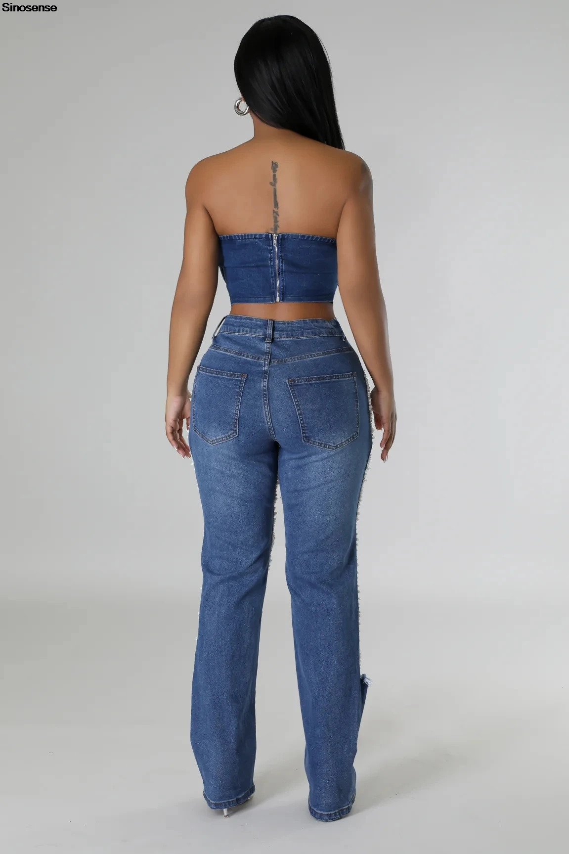 Womens Destroyed Ripped Hole Denim Pants Pearl s Chain Distressed Slim Fit Skinny Jeans Y2K Night Club Party 250227