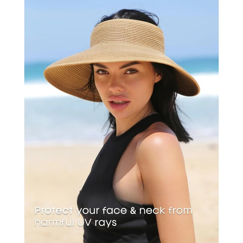 FURTALK Sun Visor Hats for Women Wide Brim Straw Ponytail Summer Beach Hat UV UPF Packable Foldable Travel 250227