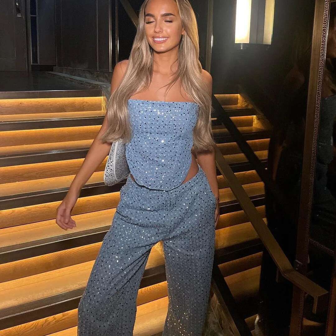 Denim For Women Summer Strapless Corset Crop Tops&Hole High Waist Skirts Sequins Two Piece Sets Party Club