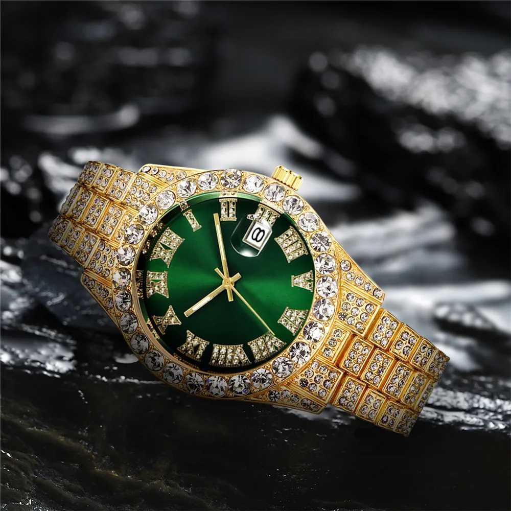 Fashion Business Diamond-Studded Mens And Womens Roman Scale Calendar Hip Hop Gold Green Full DiamondXJ250304