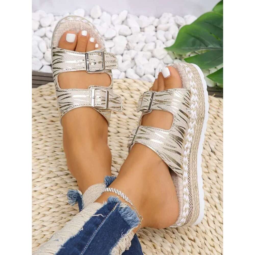Women's Slippers Sandals Summer Thick Soled Large Size Women Belt Buckle Open Toe Twine Braided Bottom Fashion Flip-ps Shoes