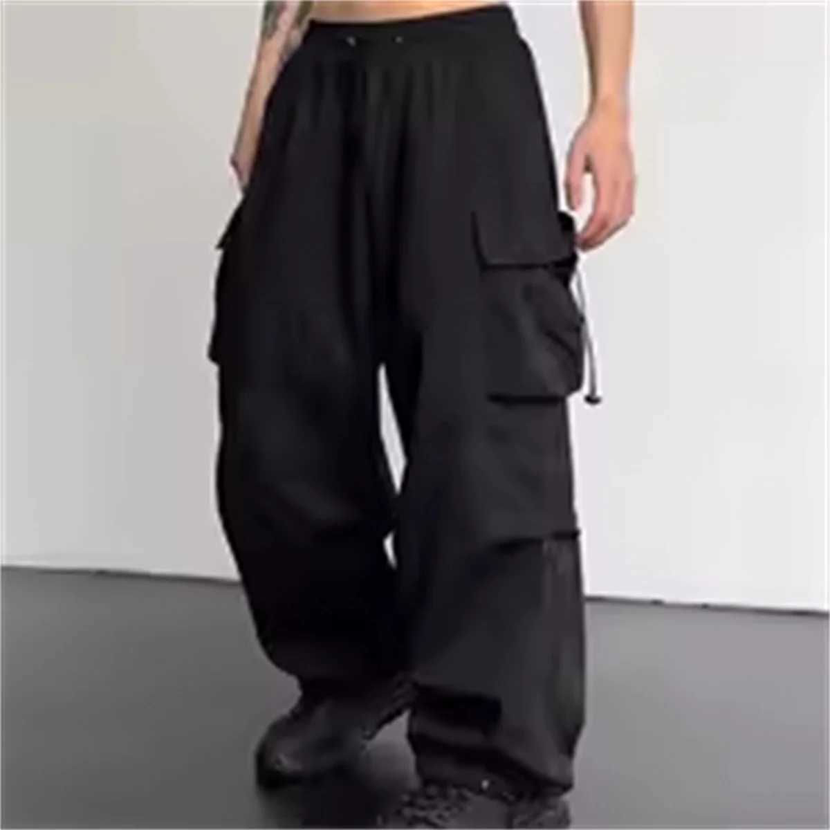 Spring and summer mens casual pants with large pockets street clothing in black stretchy sporty fashionable oversized couple pants for going outXJ2503