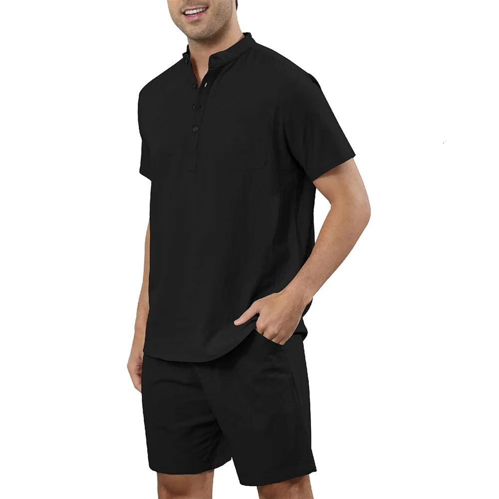 2Pcs Sets Mens Cotton Linen Set Henley Shirts Shorts Outfits Beach T-shirt Vacation Matching Suit Summer Wear Short Sleeve 250303